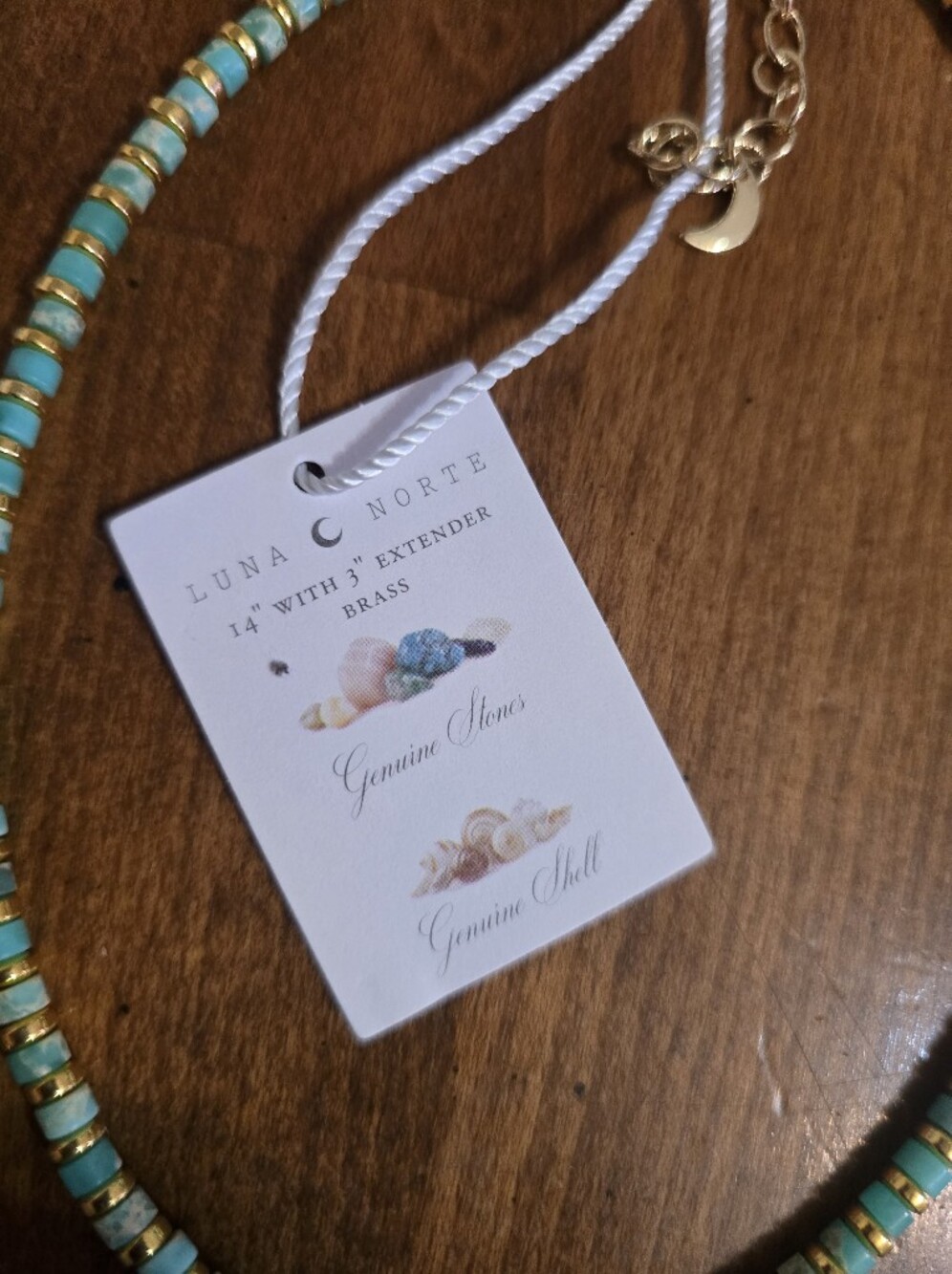 Turquoise Beaded Necklace with Gold-Trim Shell Pendant - Picture 2 of 5